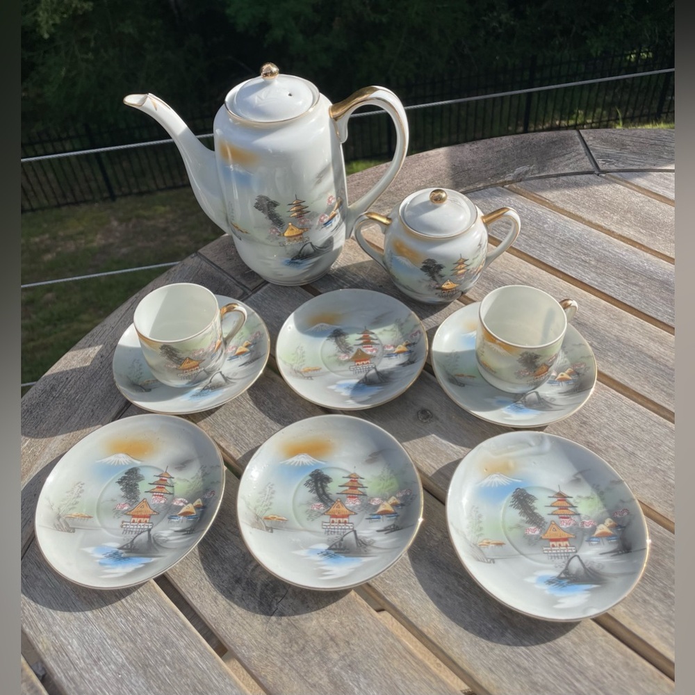 VTG Kutani Hayasi China Geisha Lithopane Porcelain Fuji Pagoda Teapot set